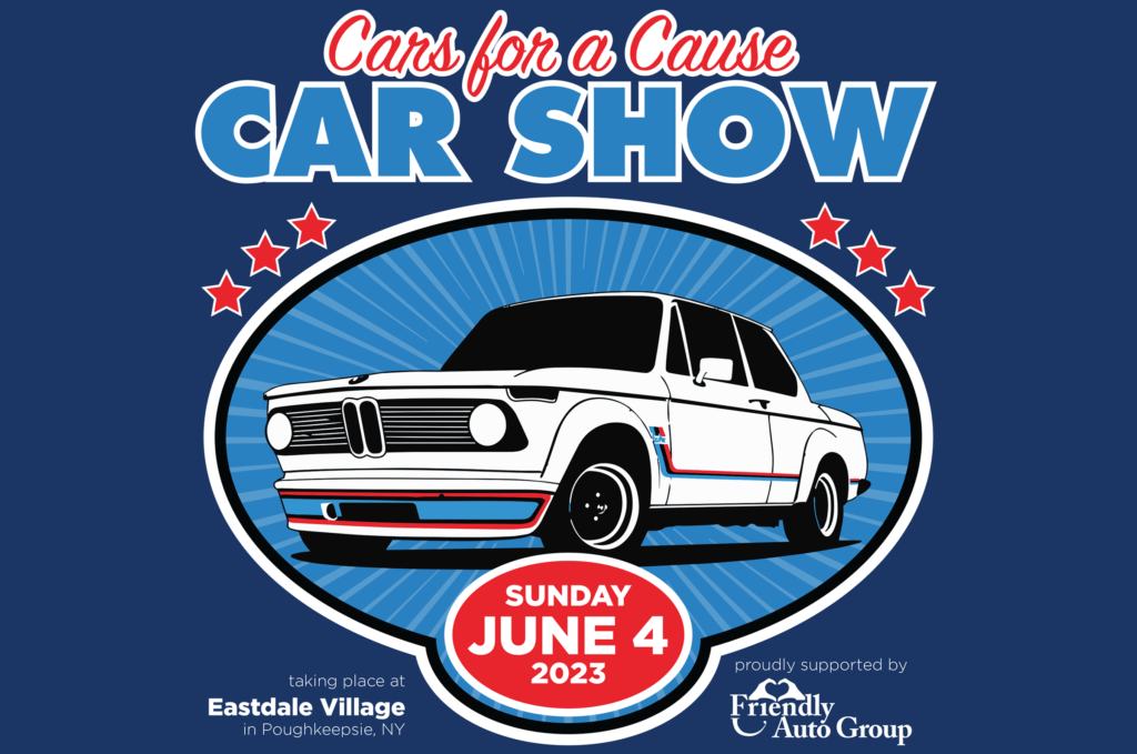 Cars for a cause car show flier with car graphic.